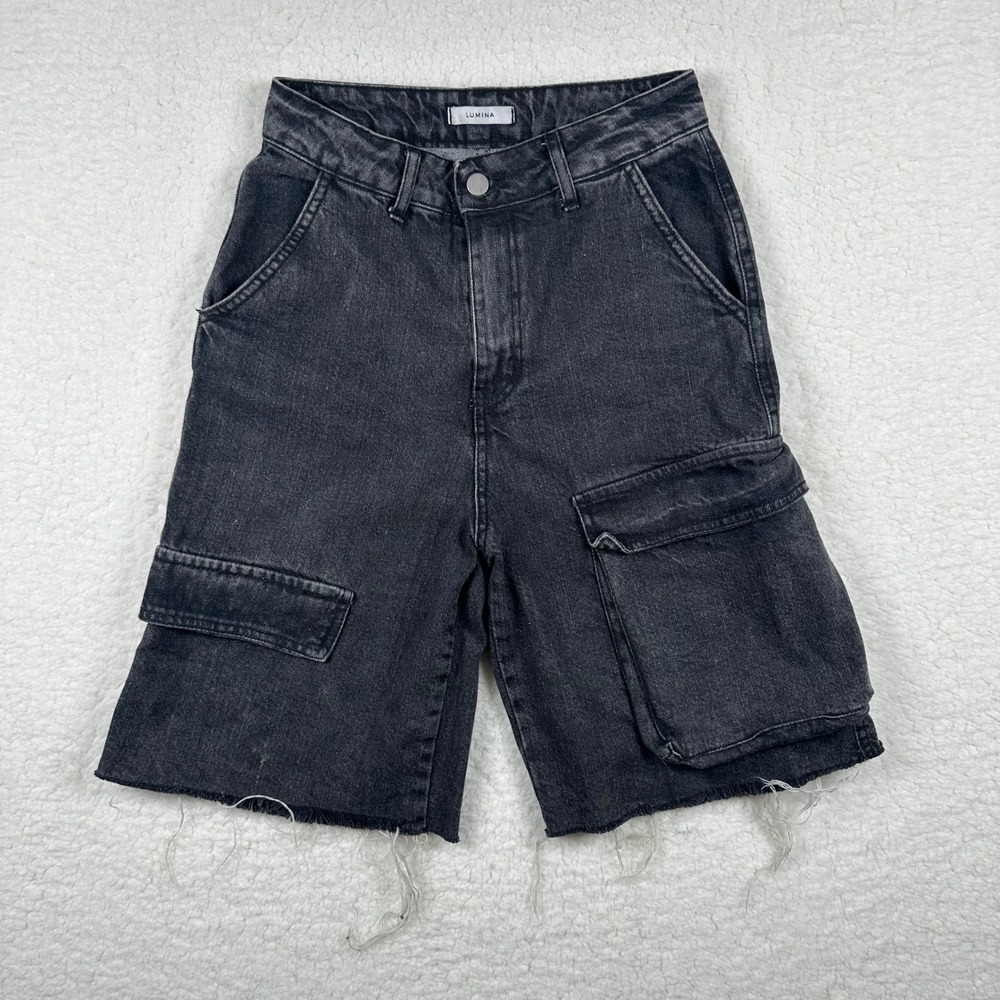 LUMINA Bermuda High Waisted Shorts P131 Black Denim Cargo XS Cotton Made Italy